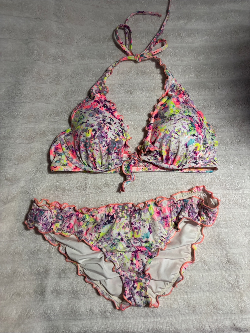 Victoria's Secret Neon Splatter Ruffle Bikini Set